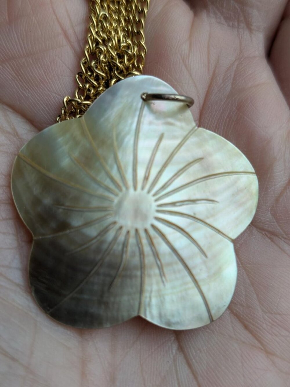 Large Vintage Mother of Pearl Flower Shape with a Design Pendant Necklace